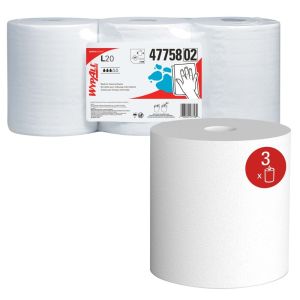 WypAll 47758 L20 Series White Paper 2-Ply Center-Pull Cloth (3 Rolls)